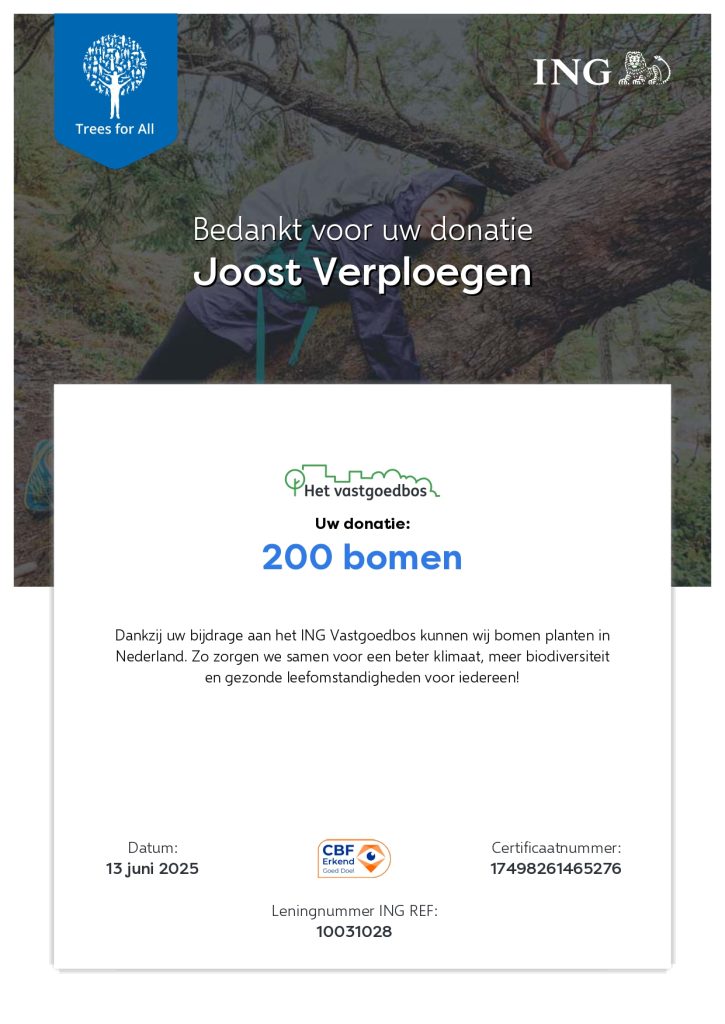 Certificaat voor het planten van bomen in het ING Vastgoedbos